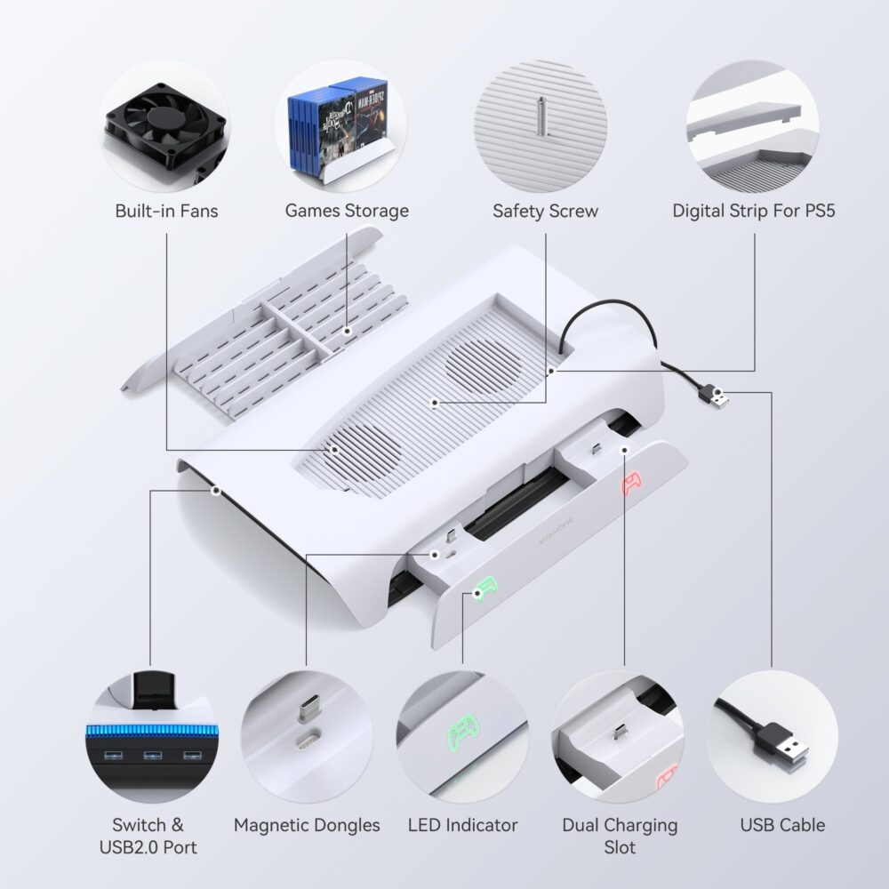 🎮 Podstawka chłodząca z ładowarką Kiwi Home PB01 do PS5 – biała, RGB - obrazek 4