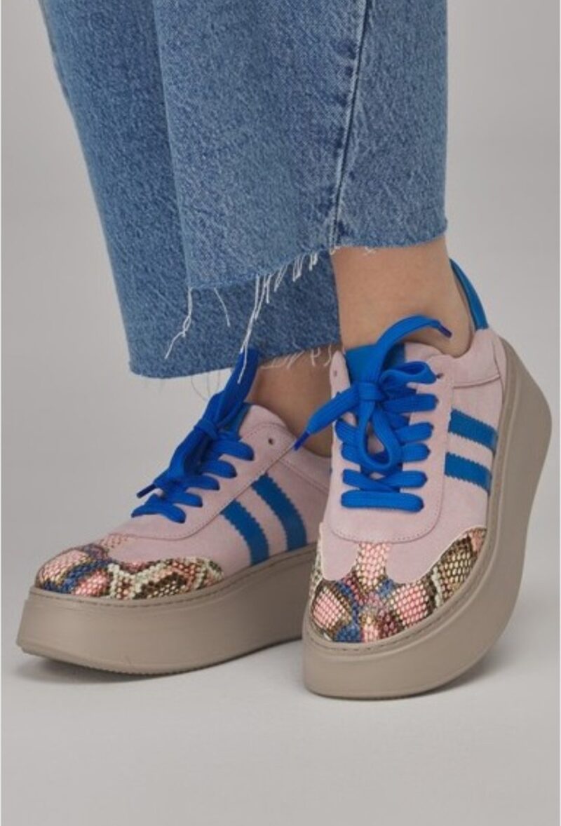 Sneakersy damskie skóra naturalna Damiss DS 898 puder welur/wąż – modne sneakersy na platformie