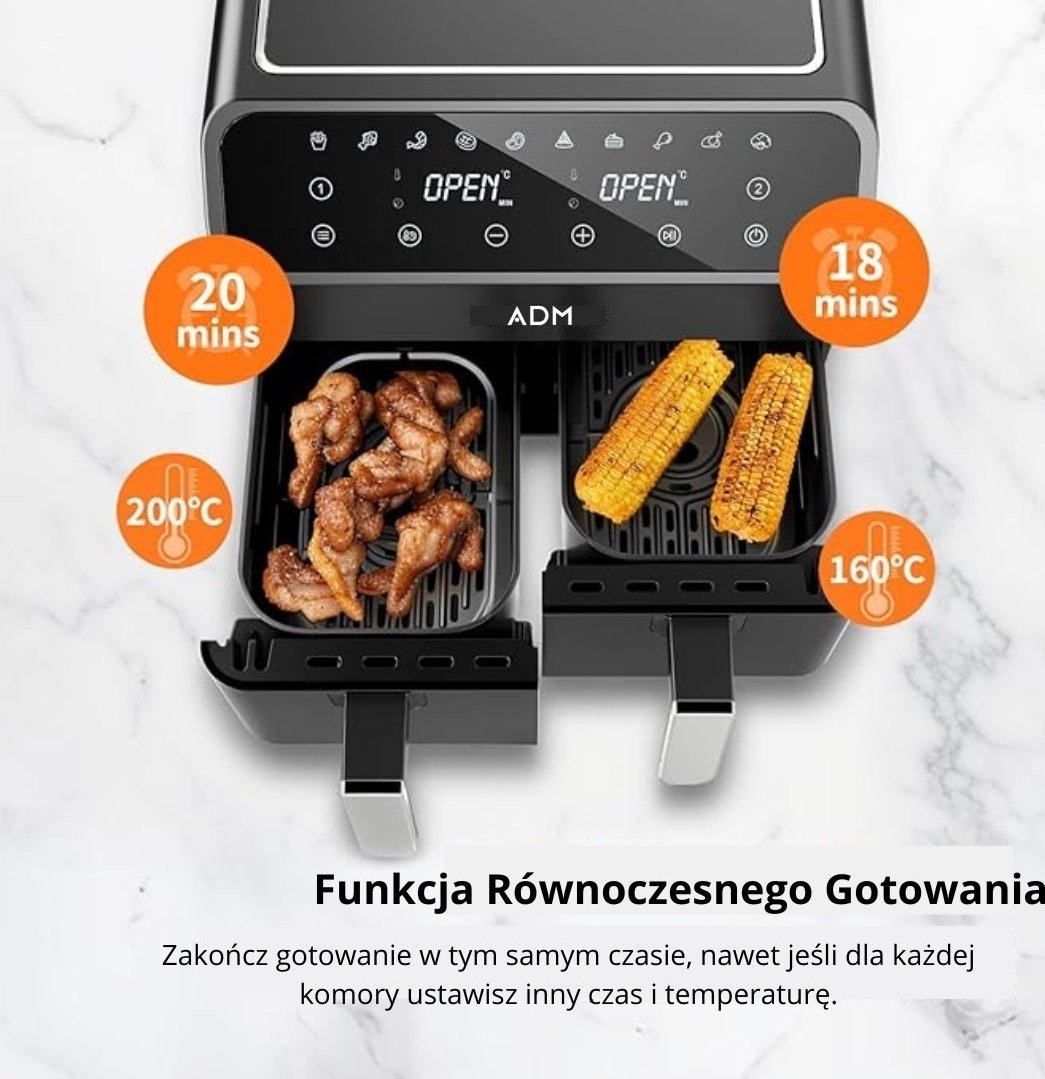 Frytkownica beztłuszczowa ADM Air Fryer 8L 2000W dwukomorowa 2×4L - obrazek 2