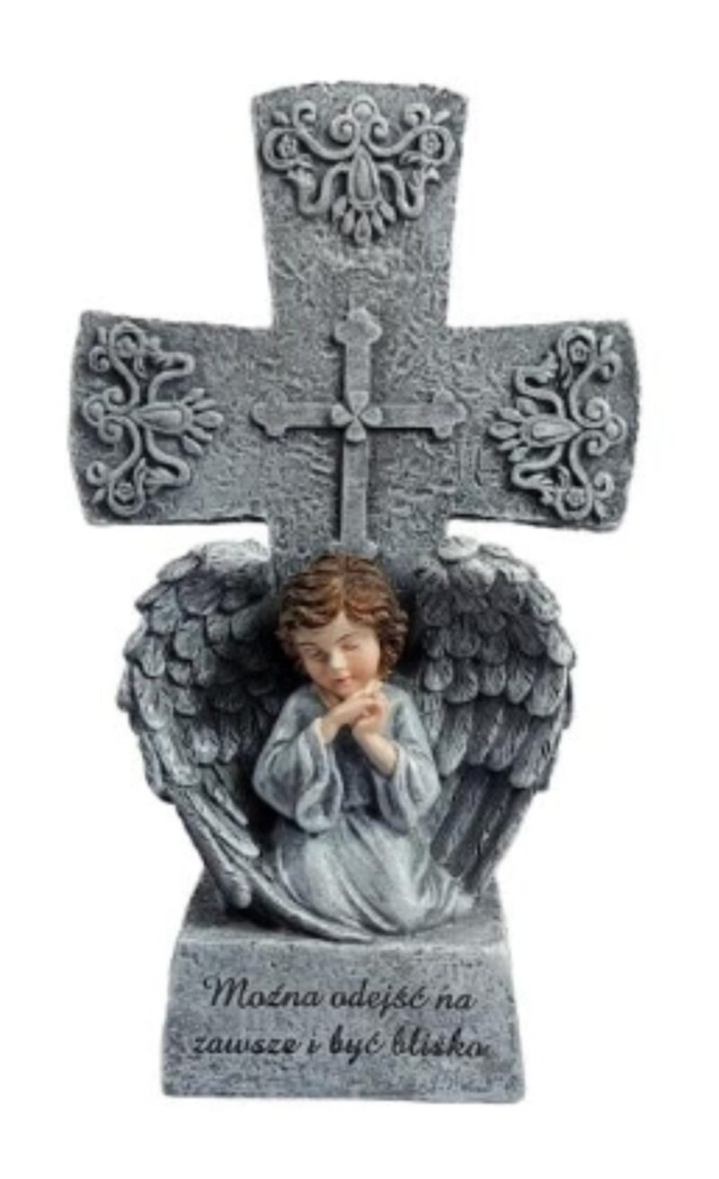 Figurka anioł z krzyżem JMD7072 22 cm dekoracja nagrobna z sentencją